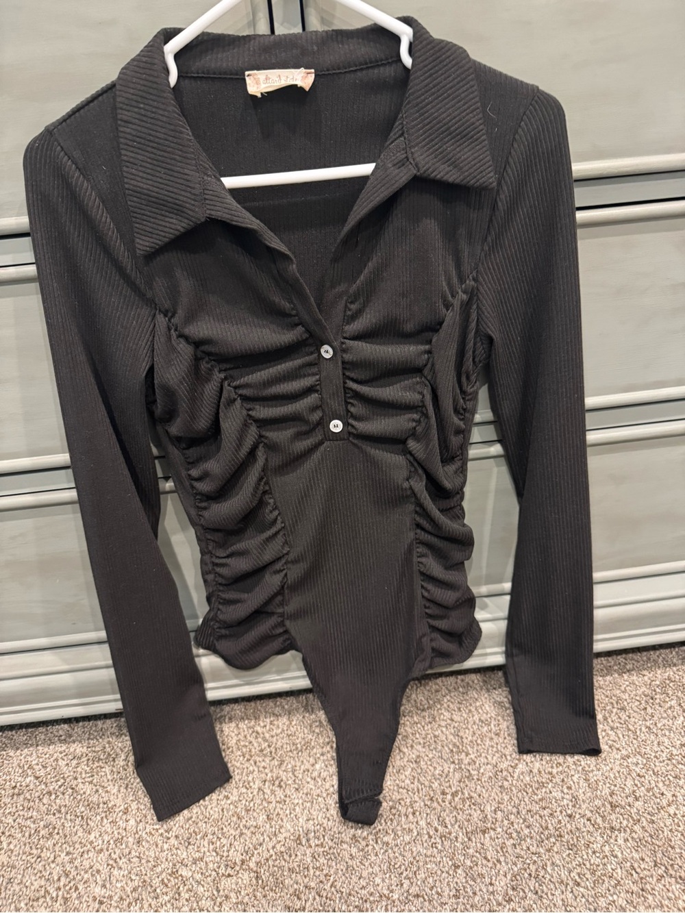 Altar'd State Black Ribbed Ruched Long-Sleeve Bodysuit